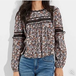 New American Eagle AE Black Floral High-Neck Babydoll Long Sleeve Top